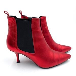 Anine Bing Stevie Booties Red Metallic Leather Pointed Toe Kitten Heel Sz 37 / 7